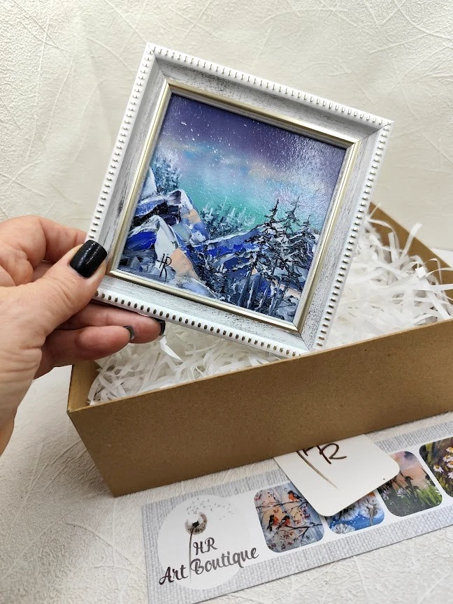 Pintura al óleo original paisaje de invierno pintura enmarcada pequeña 4x4 pulgadas mejor regalo Foto 4 de 4