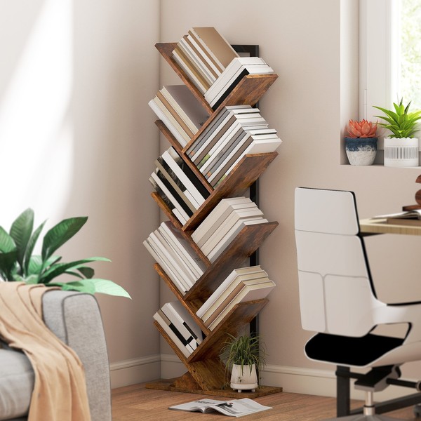 Homcom BüCherregal Standregal Mit 9 Ebenen Schmal Regal Im Baumform Braun-image