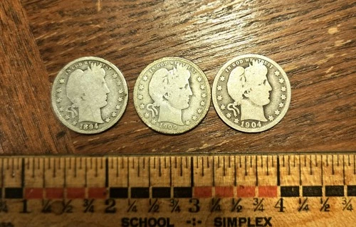 Lot of 3 Barber Quarters Average Circ 1894, 1904-o and 1909. 90% Silver@!