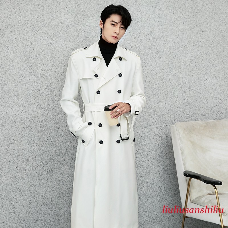 Winter White Trench Coat Men's Long Fit Over Knee Military Overcoat Windbreaker
