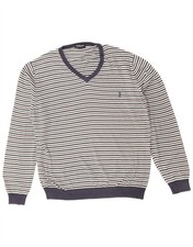 JECKERSON Mens V-Neck Jumper Sweater Large Navy Blue Striped Nautical AS02