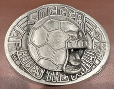 Vintage 1995 Bergamot Soccer Belt Buckle A-253 Pewter Made in USA World Flags