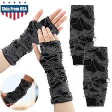 2× Punk Black Fingerless Gothic Gloves Fingerless Arm Halloween Warmers Glove US