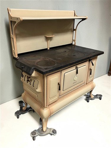 Monogram Cast Iron Wood Cook Stove, Cream Enamel, Top Shelf, Vintage Cook Range