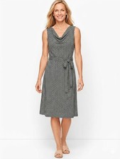 Talbots A-Line Dress Women's Medium Green Navy Cowl Neck Belted Jersey