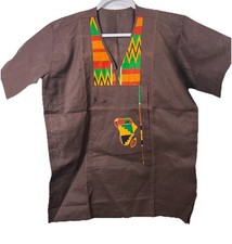 West African Dashiki men's garment Size Large L Kente Print Brown New