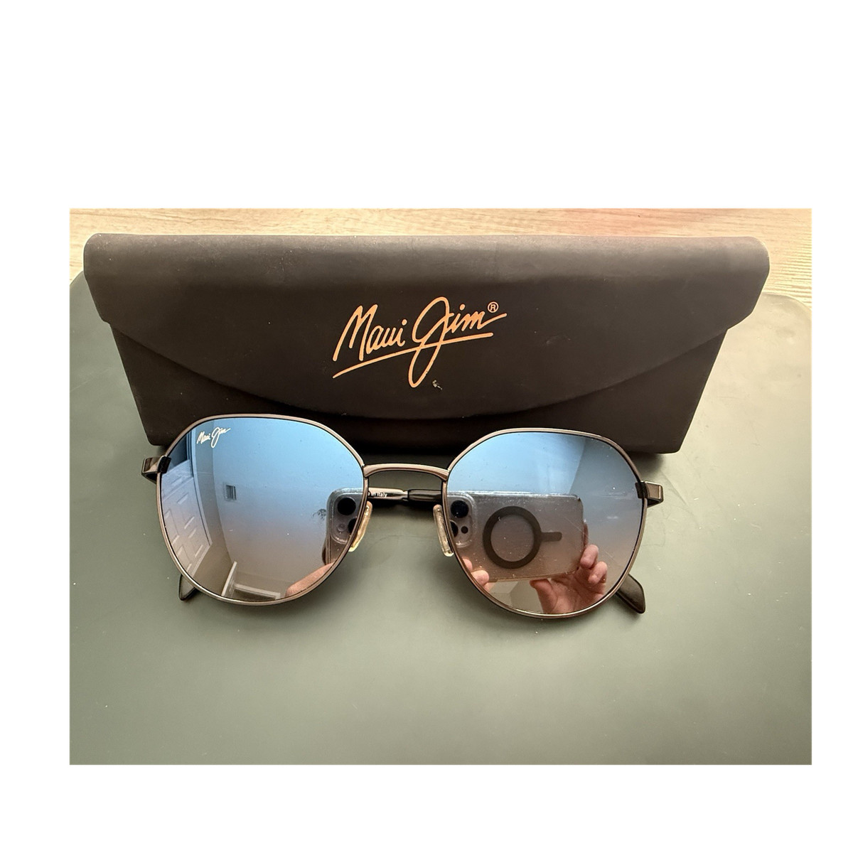 Maui Jim MJ845-02C Round Mirrored Sunglasses Black Metal Blue Lens