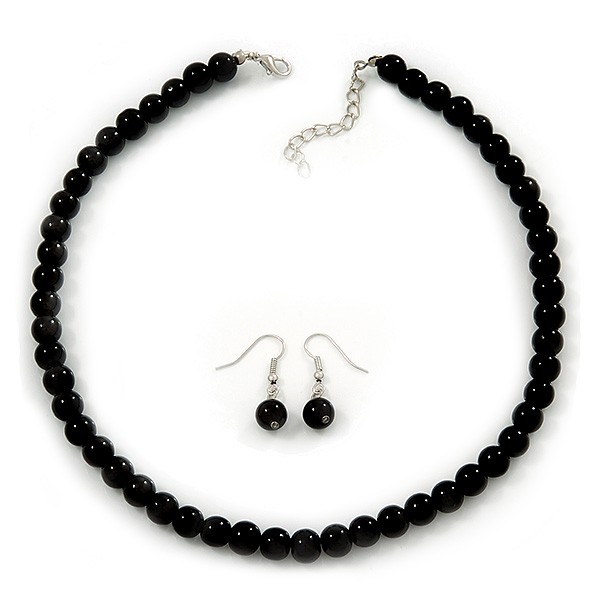 Black Glass Bead Necklace & Drop Earring Set In Silver Metal - 38cm Length/ 4cm