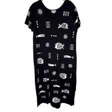 M Mac Vermont Black Fish Print T Shirt Dress XL Cotton USA Made Casual