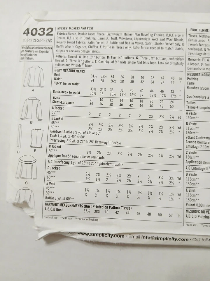 4032 Simplicity Sewing Pattern Misses Jacket And Vest. Size 8, 10, 12, 14, 16 - Image 2 of 3