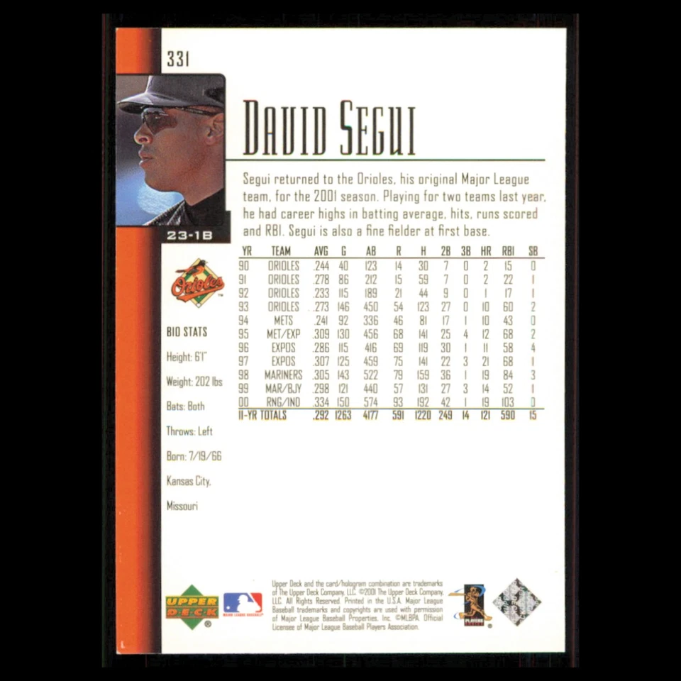 David Segui #331 2001 Upper Deck Baltimore Orioles Baseball Card MLB NM - Image 2 of 3