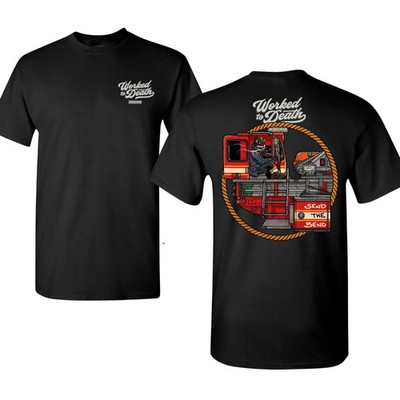 Worked to Death Firefighter Ladder Truck T-Shirt with 2 Sides Graphic