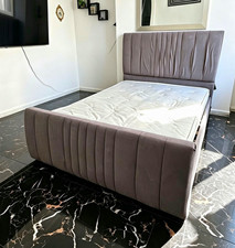 Grey Velvet Upholstered Double Bed Frame Tall Headboard + Mattress