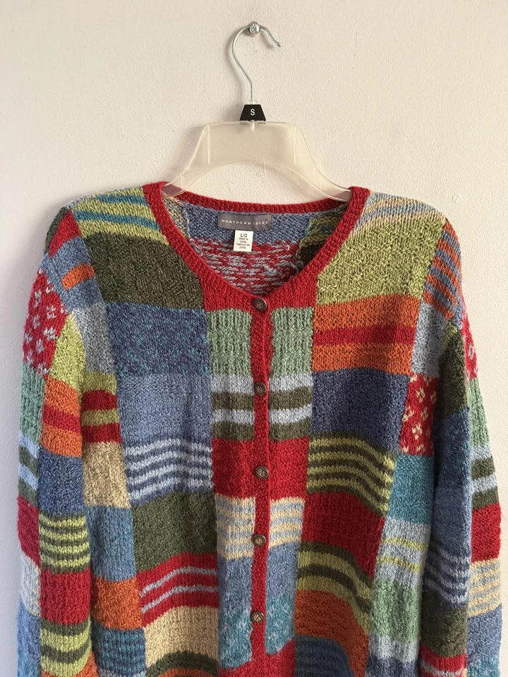 Cárdigan Suéter Northern Isles Multicolor Patchwork Botón Delantero Para Mujer Talla L Foto 3 de 4