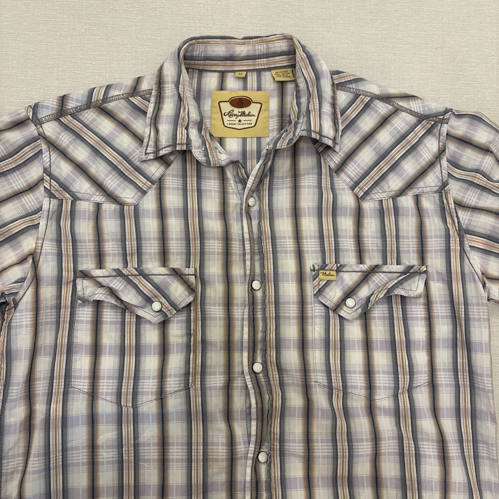 LARRY MAHAN Men’s Size Medium Plaid Cowboy Collection Western Shirt Pearl Snap