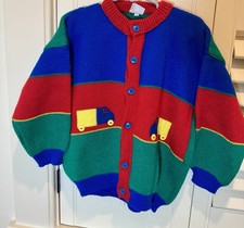 Kids Knit Cardigan Sweater Size 6 VTG Primary Colors Truck Appliqu  Boys