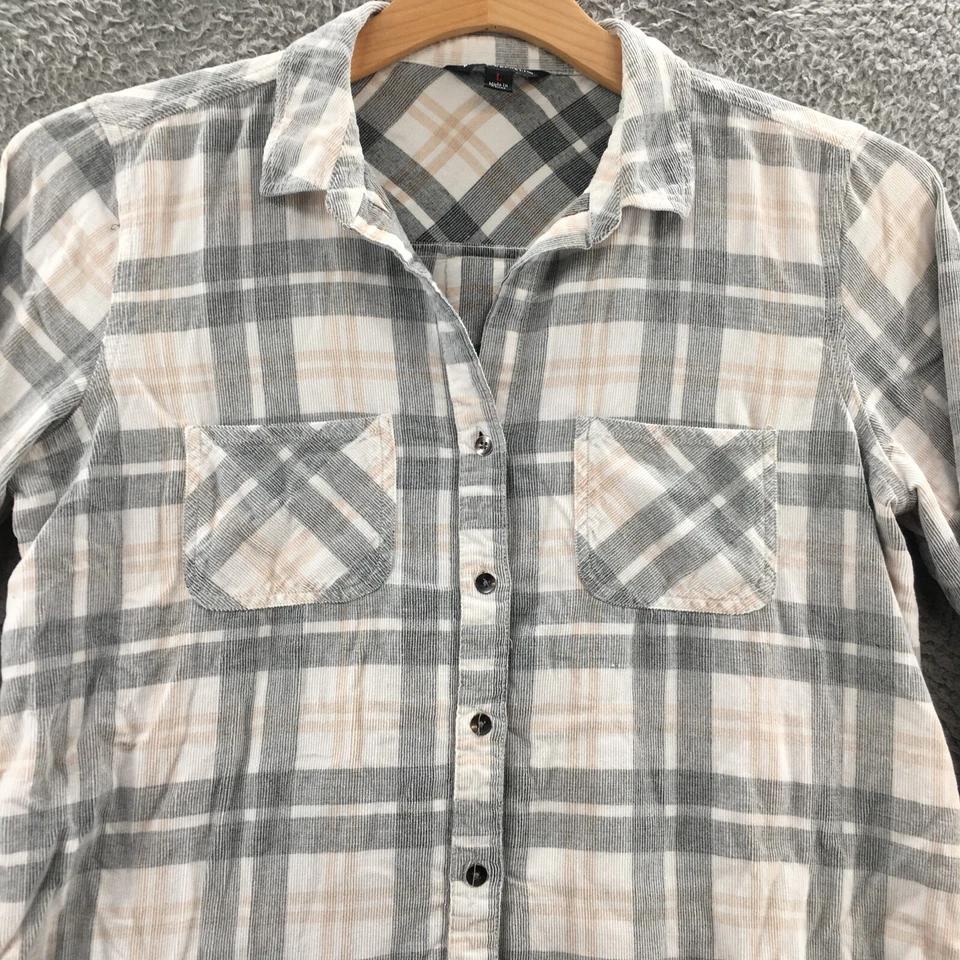 Camisa Rock & Republic Abotonada Mujer L Blanca Algodón Cuadros Manga Larga Bolsillos Foto 2 de 4