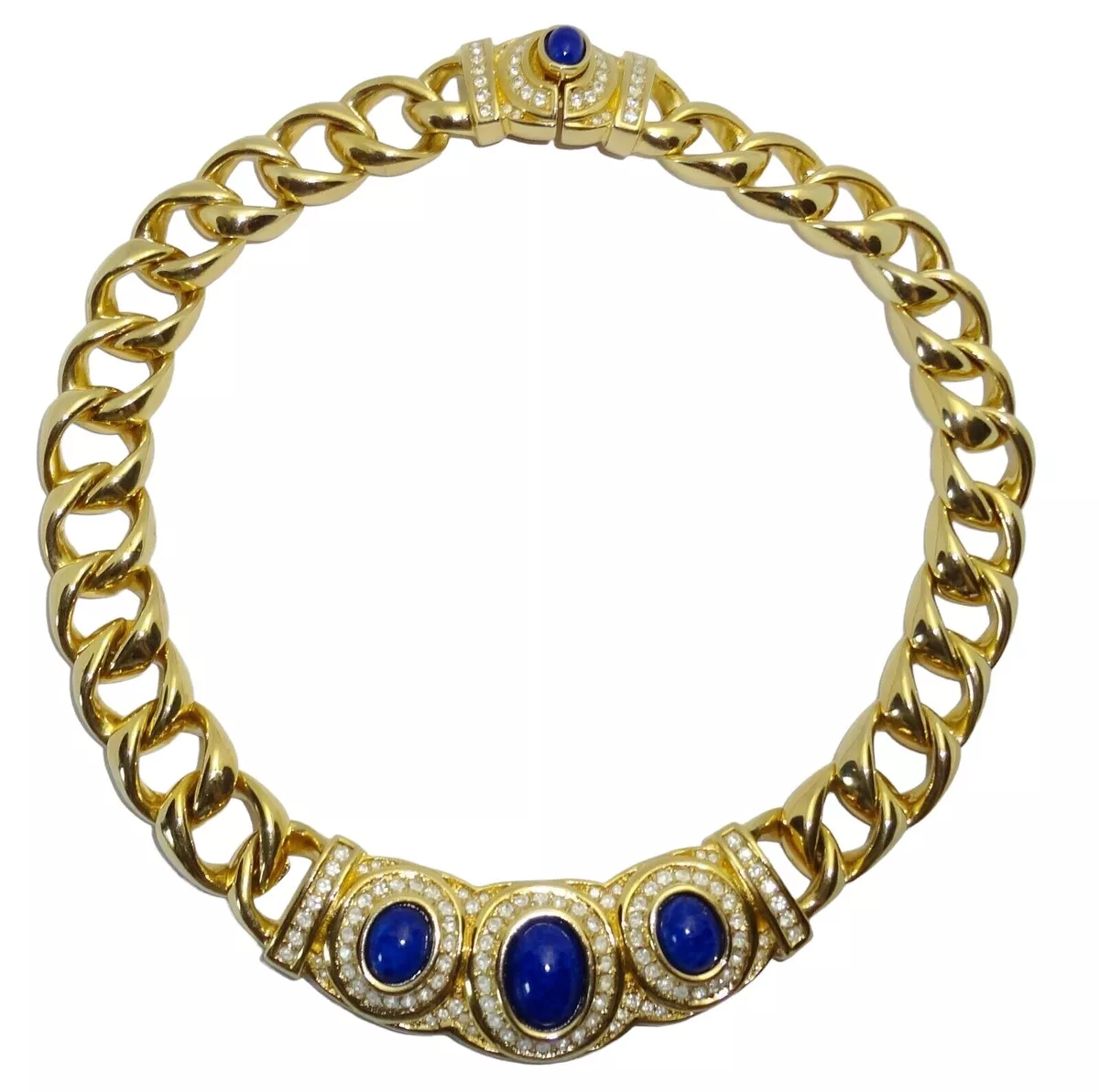 Fabulous Vintage CHRISTIAN DIOR Cuban Link Faux Lapis Rhinestone Collar Necklace