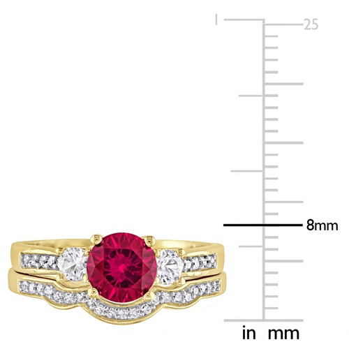 Amour 10k Gold Created Ruby Created Sapphire 1/8 CT TDW Diamond Bridal Ring Set - Picture 3 of 6