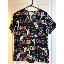 Disney Tinkerbell Women's Scrub Top Size M "Love Smile Laugh" Medical Scrub
