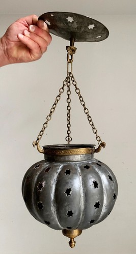 Vintage Metal Onion / Pumpkin Shaped Lantern with Star Cut-Outs & Ceiling Rose