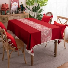 Enova Home Washable Cotton Linen Wrinkle Free Christmas Tablecloth with Tassel