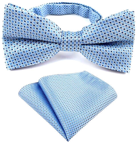 Mens Pre-Tied adjustable Bow Tie Polka Dot Blue Silver Silk Bowtie Hanky Party