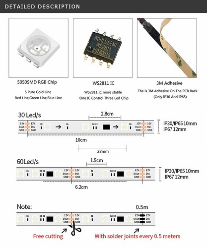 DC12V WS2811 Addressable Led Pixel Strip Light 30/60 1 IC Control 3 leds RGB - Picture 2 of 7