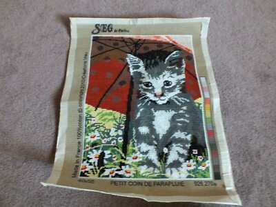 Collectible Needlepoint Sampler Ready to Frame Kitten Umbrella 16x12 Worked Area