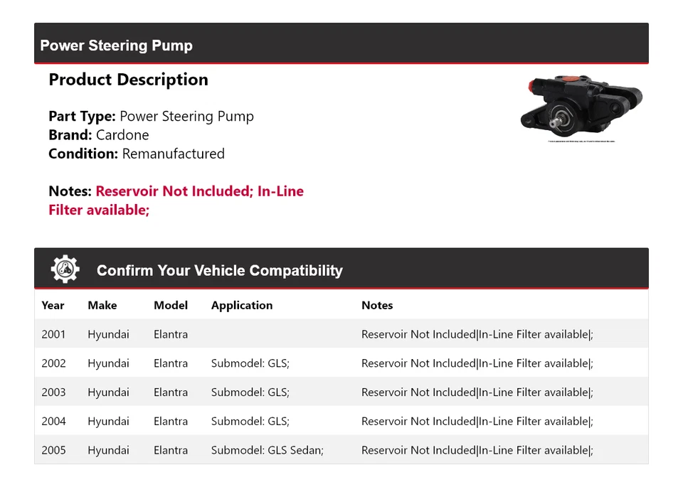 适用于 2001 - 2005 年现代伊兰特动力转向泵 Cardone 2002 2003 2004 — 第 2/4 张图片