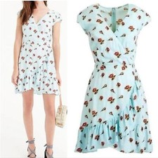New J. Crew Faux Wrap Dress J4413 Blue Red Floral Ruffled Mini Dress Size 8