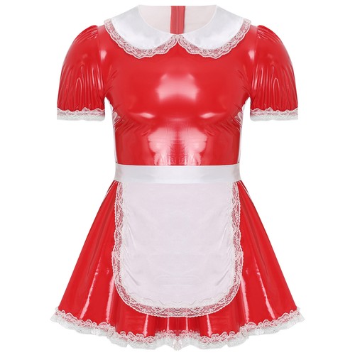 Herren Sissy Maid Kleid Puffärmel Rüschen Spitze Lackleder Cosplay Kostüm - Bild 6 von 57