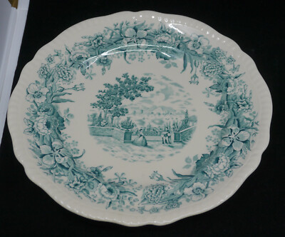 VINTAGE SHENANGO CHINA DINNER PLATE, LANDSCAPE w COUPLE, FLORAL BORDER IN BLUE
