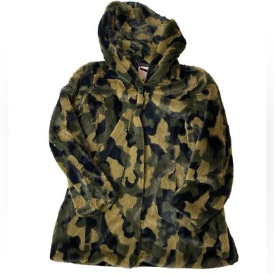 Isaac Mizrahi Live! SOHO Camo Plush Faux Fur Hooded Coat Green Tan
