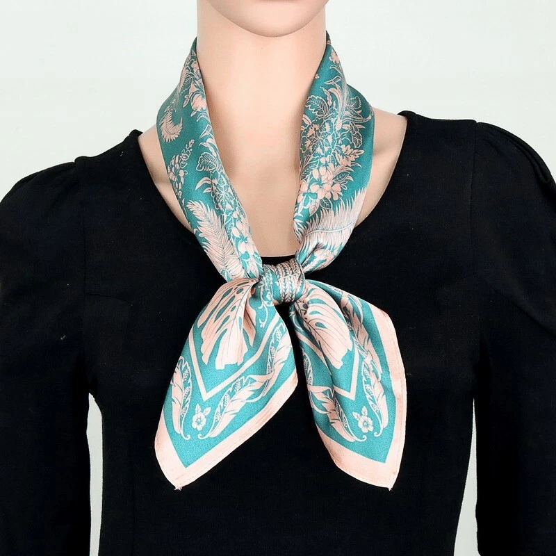 Bufanda 100 % seda mujer vintage verde flor pañuelo cuadrado pañuelo envolvente 68*68 cm Foto 4 de 4