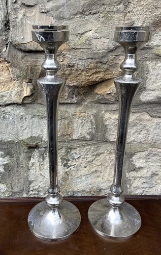 PAIR OF TALL LARGE SILVER FINISH METAL CANDLE STICKS STANDS CANDLE HOLDERS - Picture 3 of 3