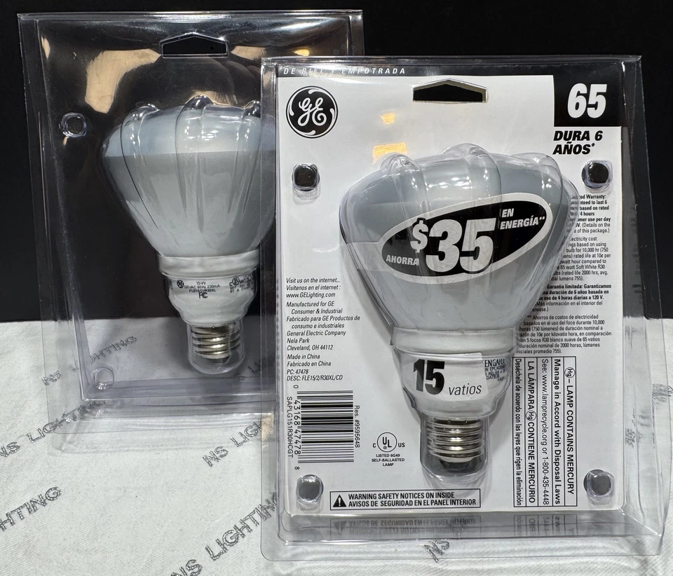 Set of 2. GE 15W CFL Soft Comfy Lights R30 Flood Light Vintage bulb Spiral - Image 4 of 4