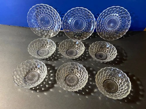 6 Vintage Anchor Hocking Clear Bubble Dessert Bowls And Three 6” Dessert Plates