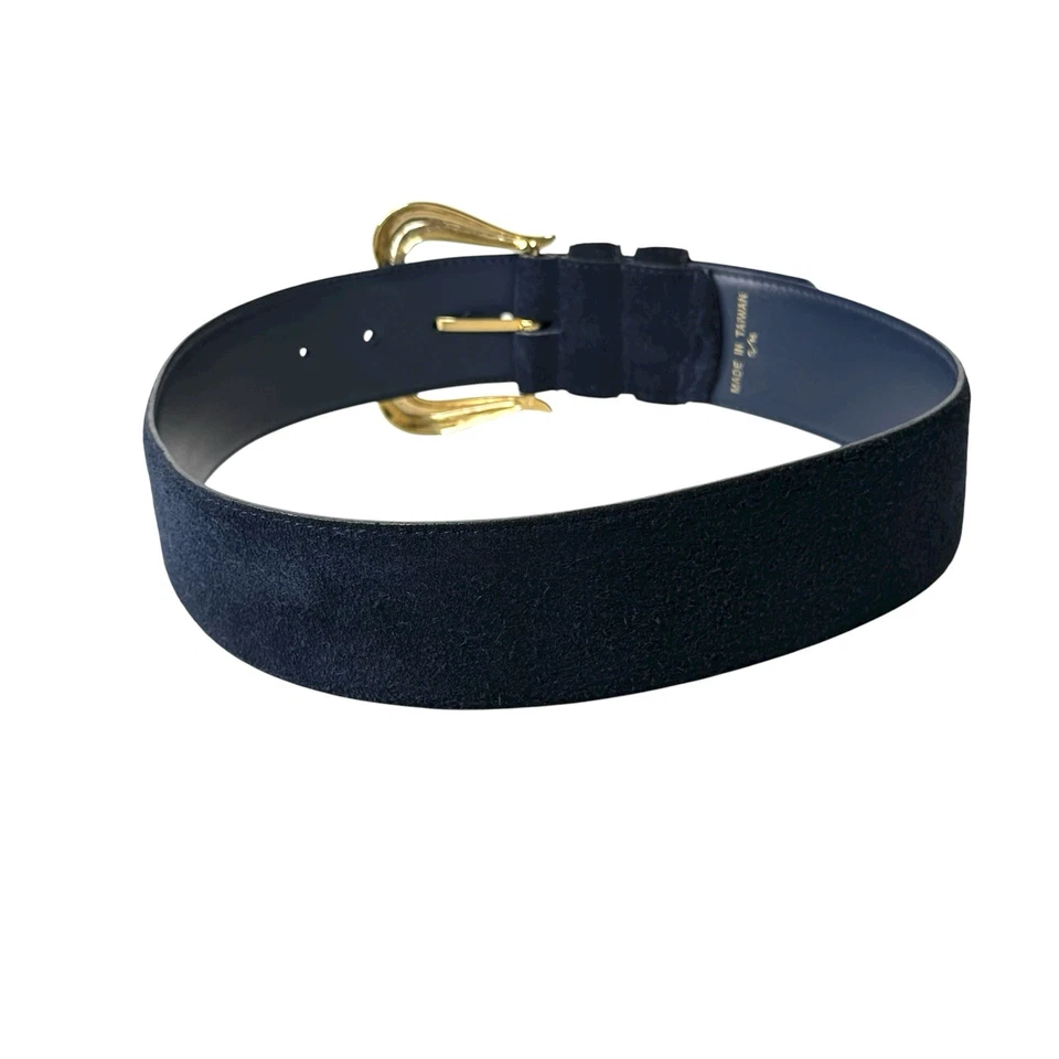 Cinto Worthington Feminino Antigo P/M Azul Marinho Couro Genuíno Camurça Fivela Dourada Boho Largo - Imagem 3 de 4