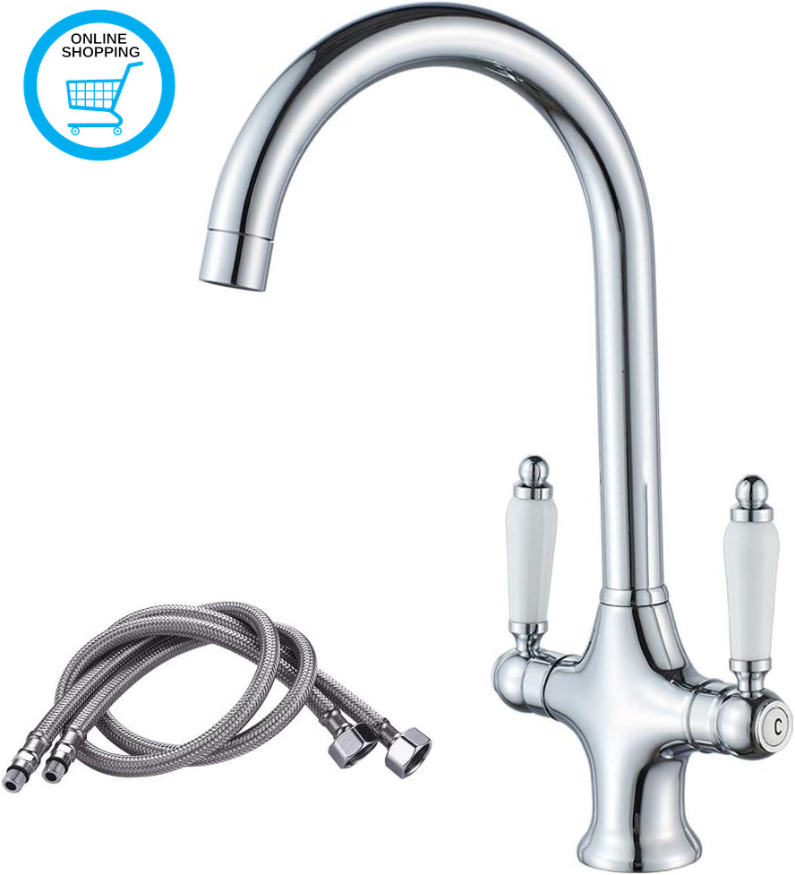 Kitchen Mixer Taps, Traditional Ceramic Dual Lever Chrome Kitchen Sink Tap with