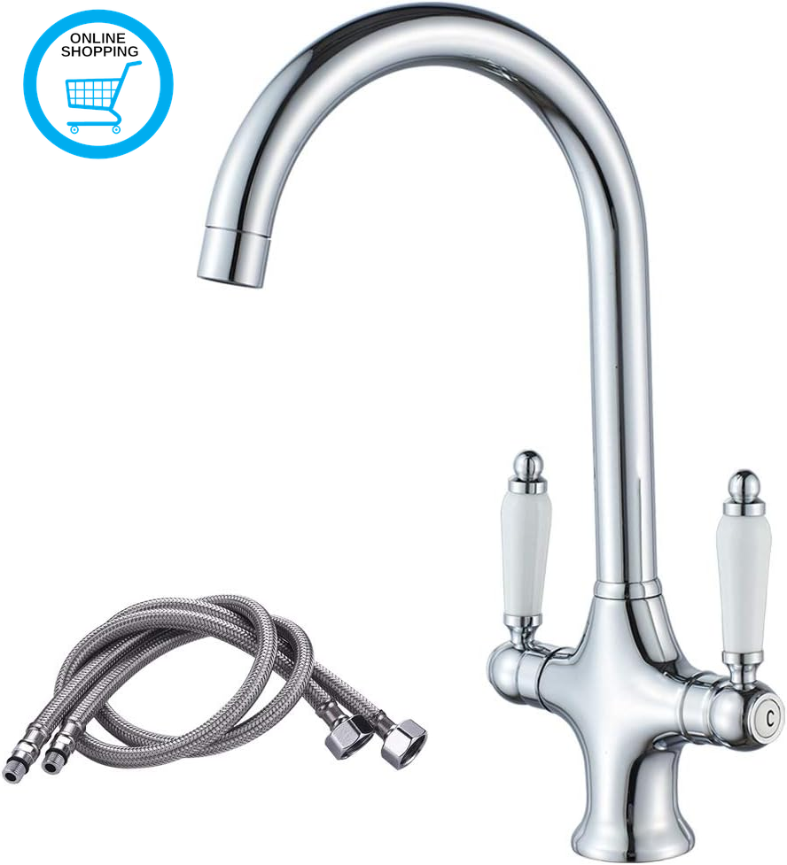 Kitchen Mixer Taps, Traditional Ceramic Dual Lever Chrome Kitchen Sink Tap with