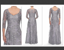 NEW La Femme Floral Embroidered Mesh A-Line Gown in Silver Size 8 755