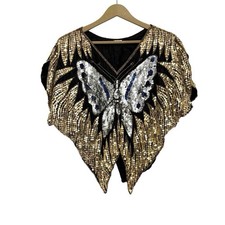 Vintage 80s Black Gold Sequin Beaded Butterfly Shirt Formal Party Disco Raver