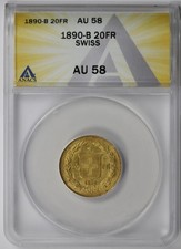 1890-B Swiss Switzerland Gold 20 Francs AU 58 ANACS