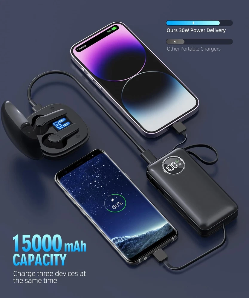 15000mAh Power Bank with Built-in Cables Fast Charging Portable Charger 15000mAh Power Bank with Built-in Cables Fast Charging Portable Charger