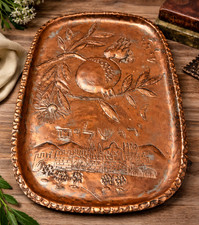 Messica Jewish hammered Copper Tray Wall Art Handmade Israel pomegranates & Bird