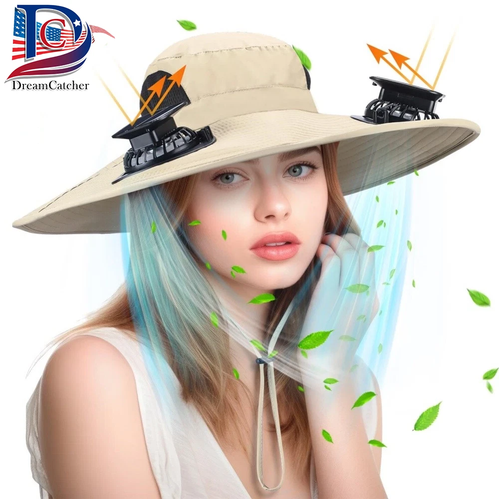 Solar Fan Hat Rechargeable Cooling Cap Wide Brim Camping Fishing Bucket UPF 50+
