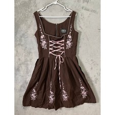 Gaudi Brown Embroidered Dirndl Dress Pink Lace Up Corset Floral Cottagecore MD