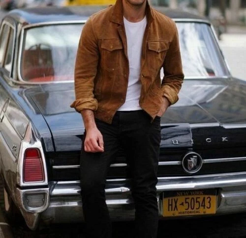 Men Brown Trucker Jacket Pure Suede Slim Fit Custom Made Coat