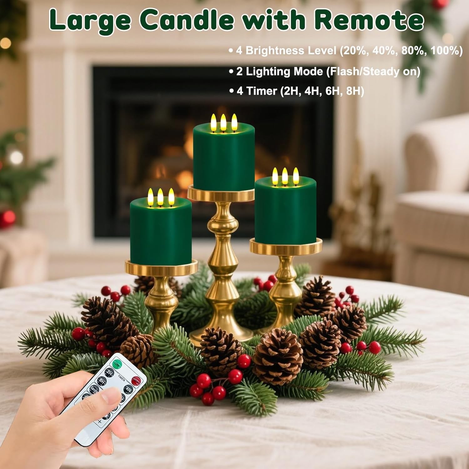 VEEKI Large 3 Wick Flameless Candles, 4"x4" Flickering LED Large, Green 